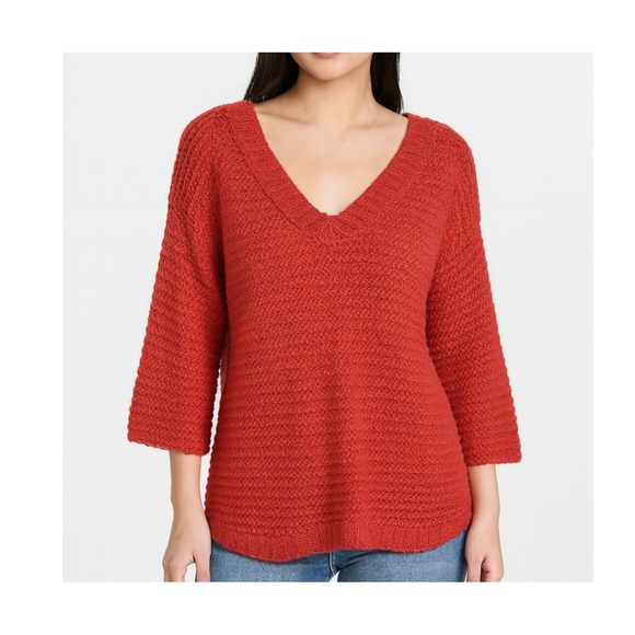 Free People Burnt Orange Knit Sweater Women's Small V-Neck Boho Pullover - Picture 1 of 7